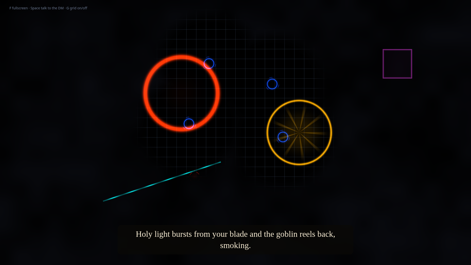 Projector output: a blue grid on black, glowing blue rings under four player miniatures, red target auras under goblins, a gold spell circle, an orange blast ring, a cyan beam, and a narration caption at the bottom.